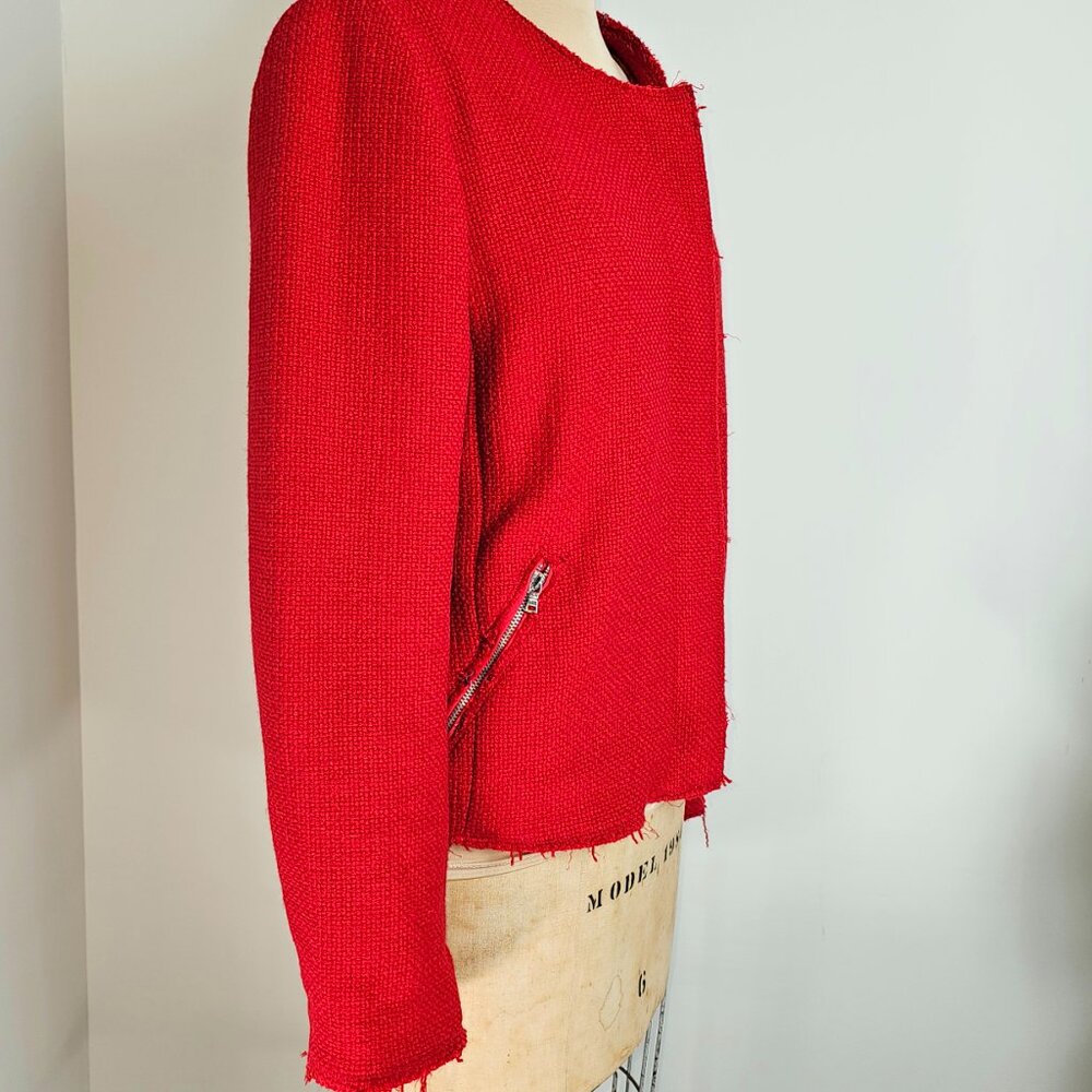 Gap Red Textured Moto Jacket Raw Edge Cropped Size 12 - Picture 7 of 13